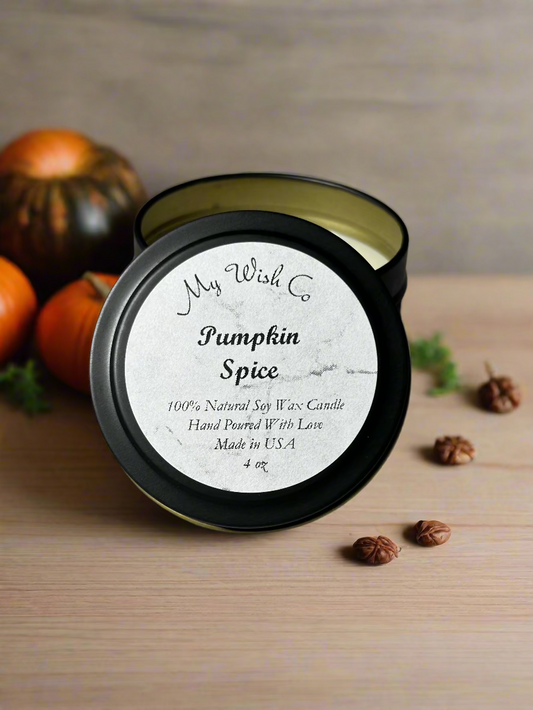 Pumpkin Spice Soy Wax Candle | Eco-friendly Fall Scented Candle | Autumn Aroma | Hand-Poured & Long-Lasting Burn 4 0z Black Tin